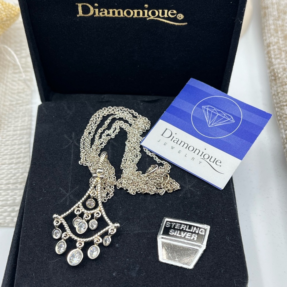 Vintage Diamonique Sterling Silver Chandelier Pendant Necklace, 16" - Picture 12 of 17